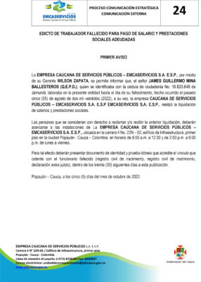 EDICTO DE TRABAJADOR FALLECIDO PARA PAGO DE SALARIO Y PRESTACIONES SOCIALES ADEUDADAS